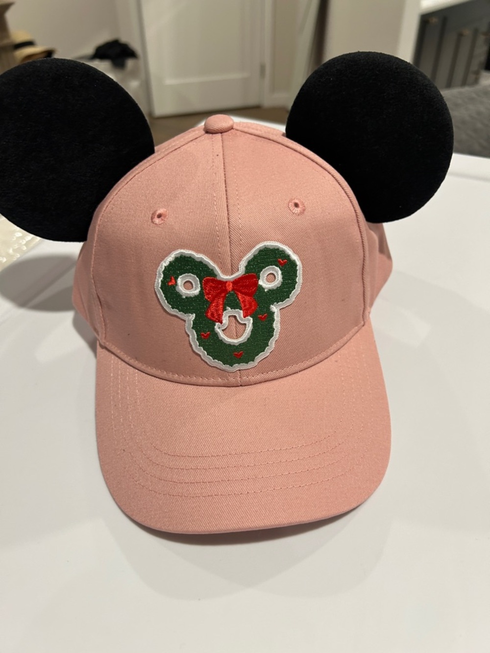 NWOT Pink Baseball Cap with Black Mickey Ears and Holiday Wreath Patch